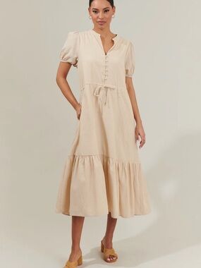 Sugarlips Cream Button-Front Tie-Waist Midi Dress